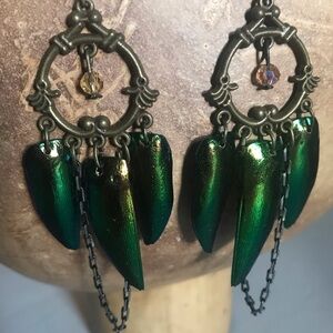 Green Iridescent Beetle Wing Dangle Earrings - Women Jewelry